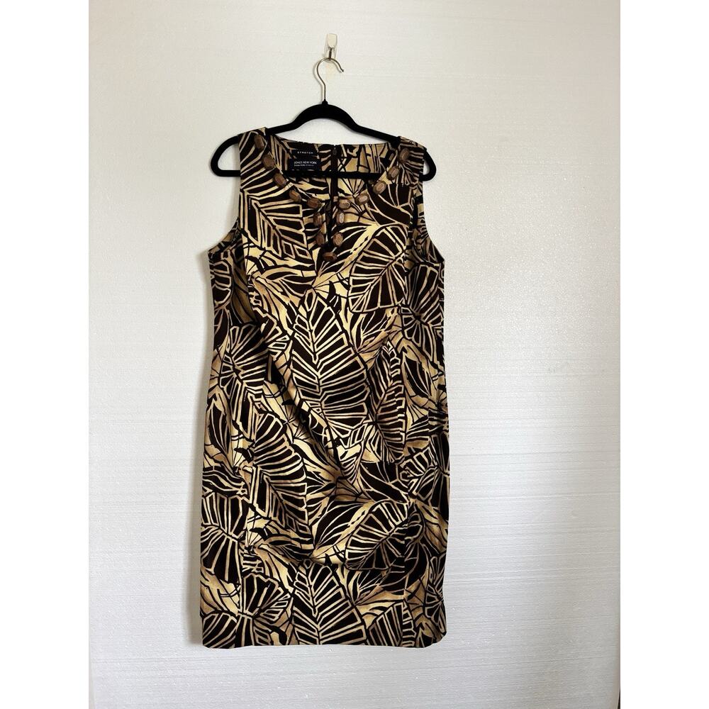 Jones New York Sleeveless Sheath Dress SZ 16W Leaf design w Wooden Bead Accents